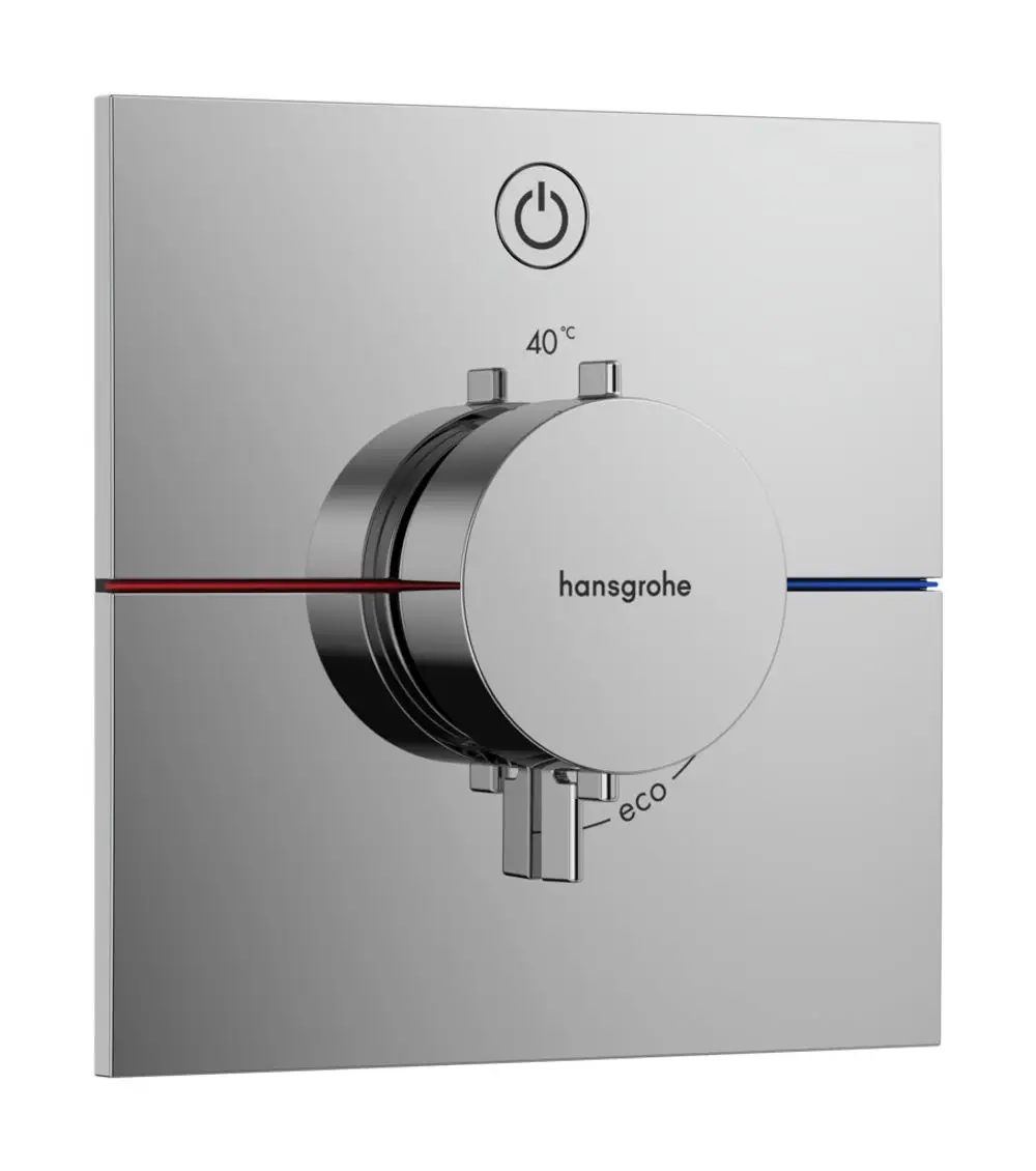 Thermostat von Hansgrohe mit einem runden Bedienregler zur Temperatureinstellung, integrierte Eco-Funktion, gefertigt aus verchromtem Material und montiert auf einer glatten Wandplatte.